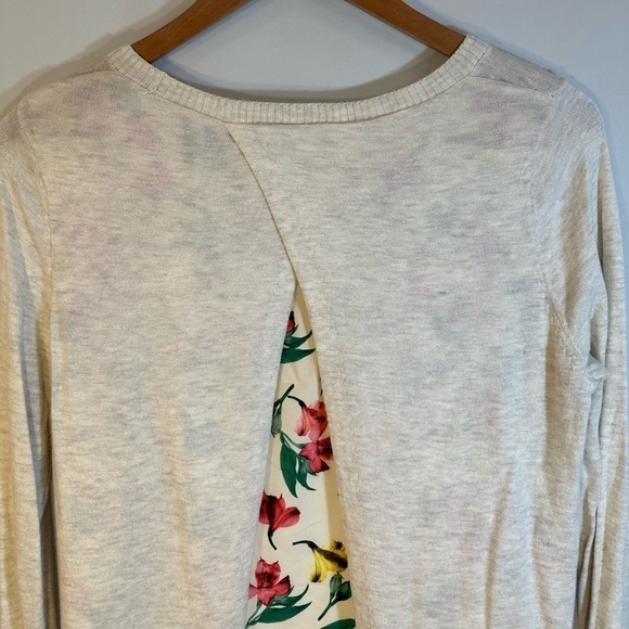 Merona Womens  Sweater Size SP Knit Long Sleeve Flower Fabric Layered Back Tan - Picture 7 of 15